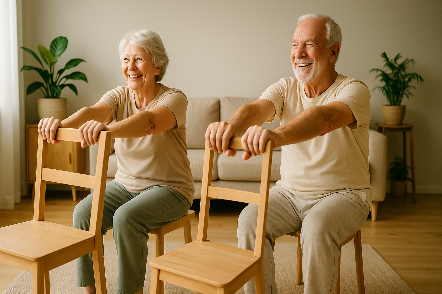 Пожилая пара выполняет мягкую гимнастику дома